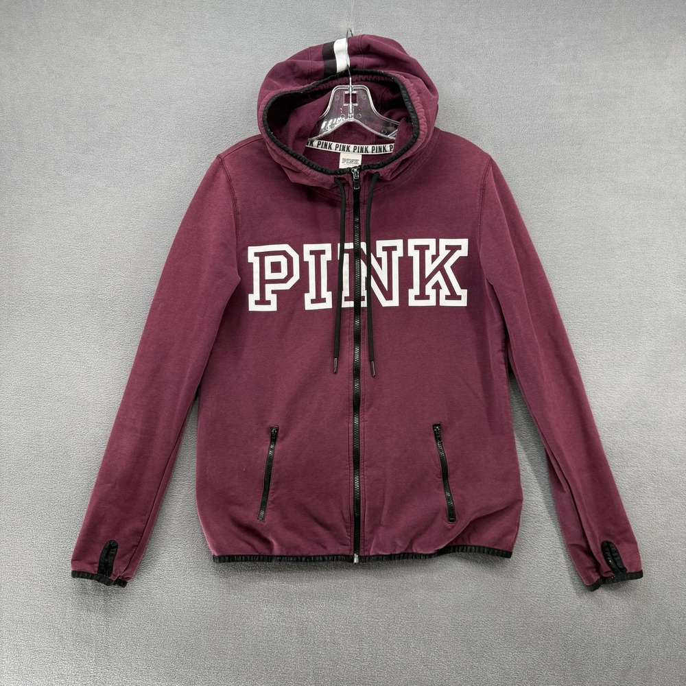 PINK Victoria's Secret Burgundy Full Zip Hoodie Medium Logo Thumbhole Sweatshirt